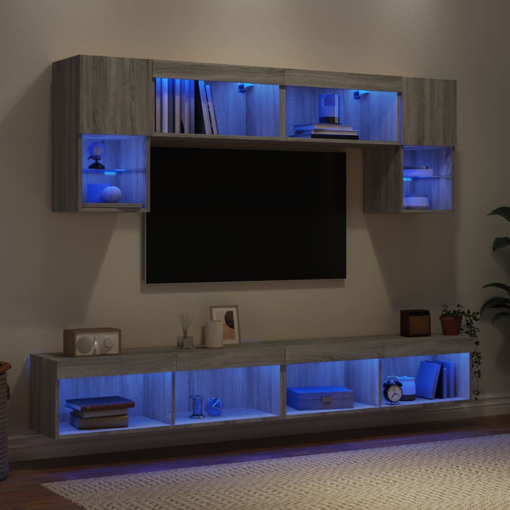 6 Pcs móveis parede p/ TV c/ leds deriv. madeira cinza sonoma
