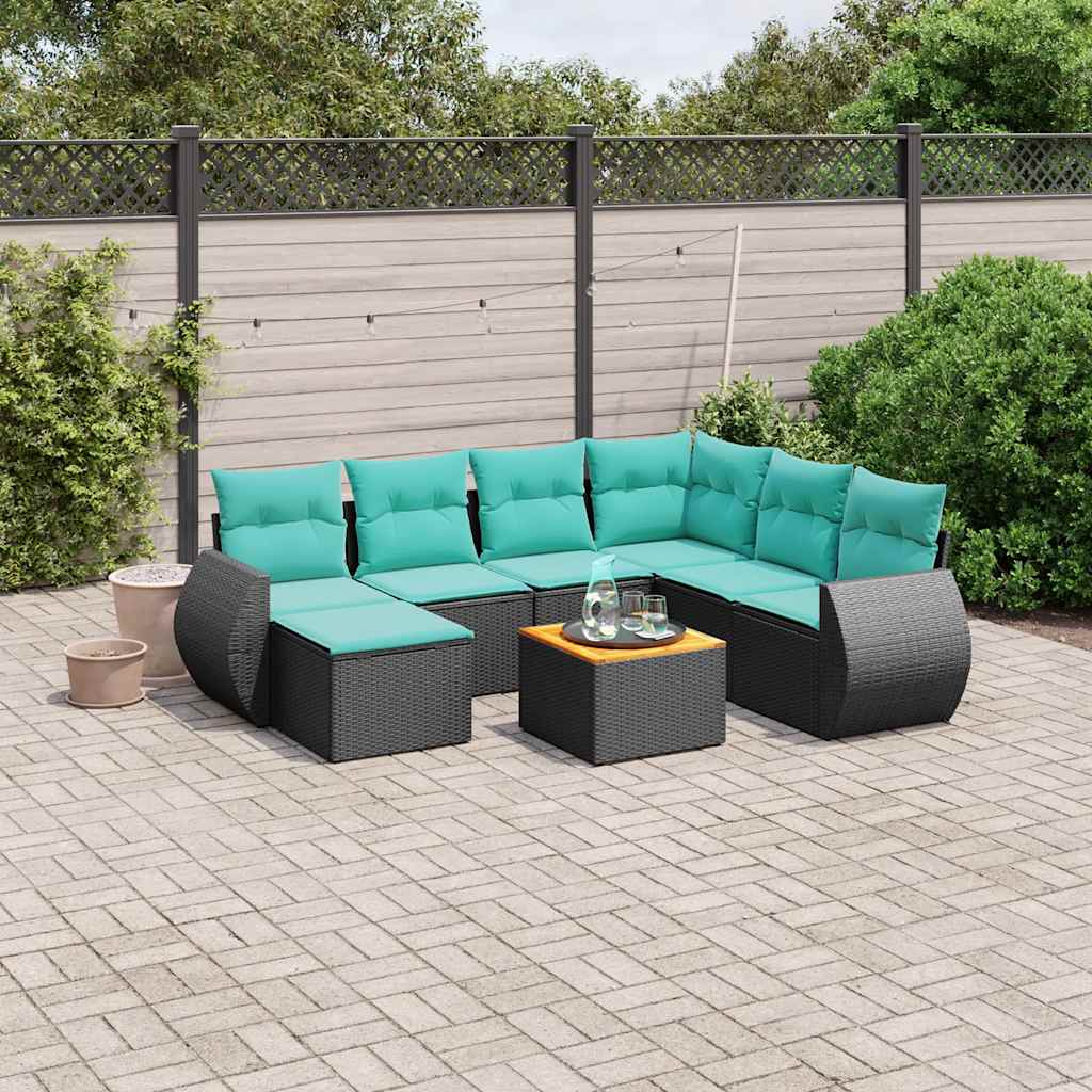 Conjunto de sofá de jardim com 8 peças e almofadas em rattan sintético preto