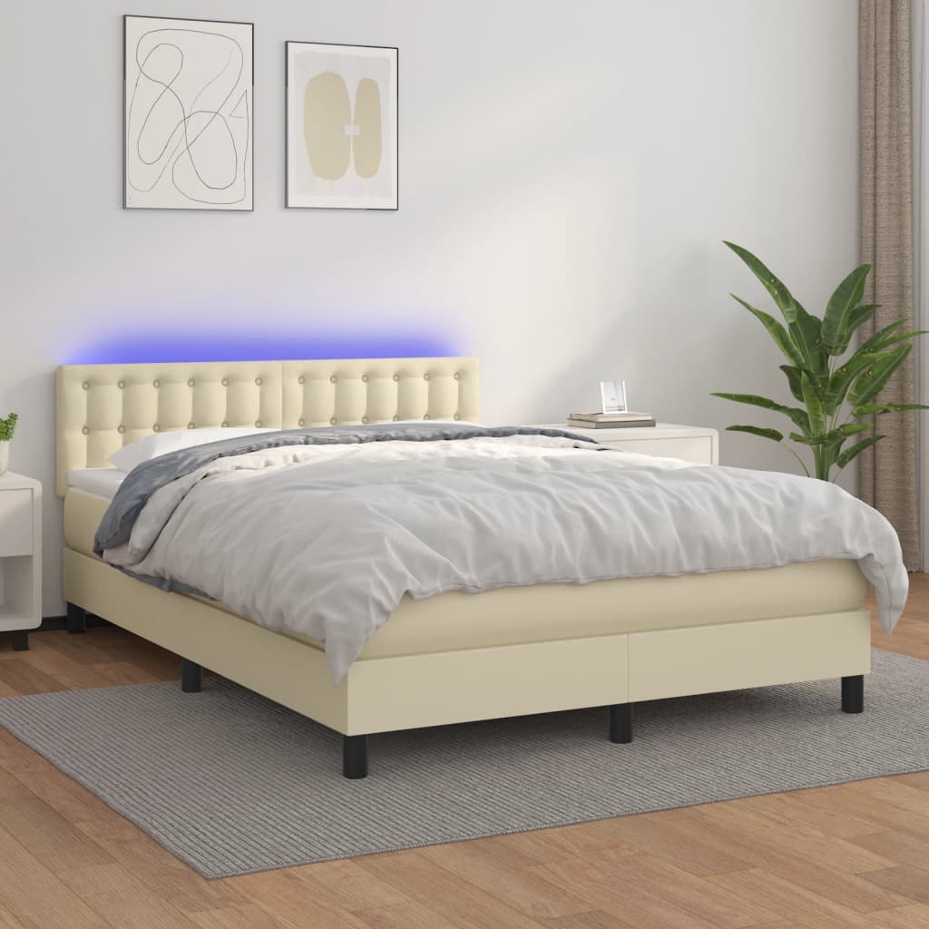 Cama box spring c/ colchão/LED 140x190cm couro artificial creme
