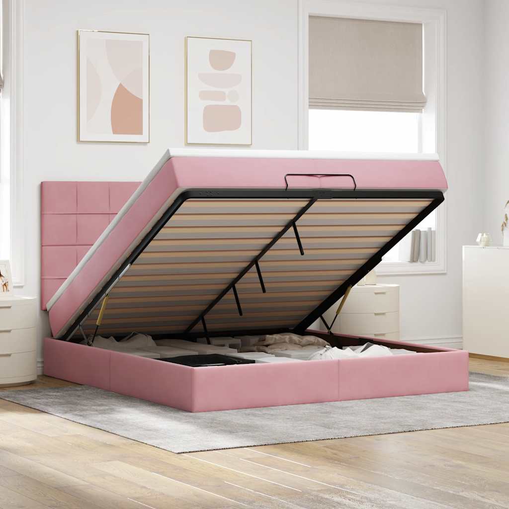 Moldura de cama otomana com colchão rosa 200x200cm veludo
