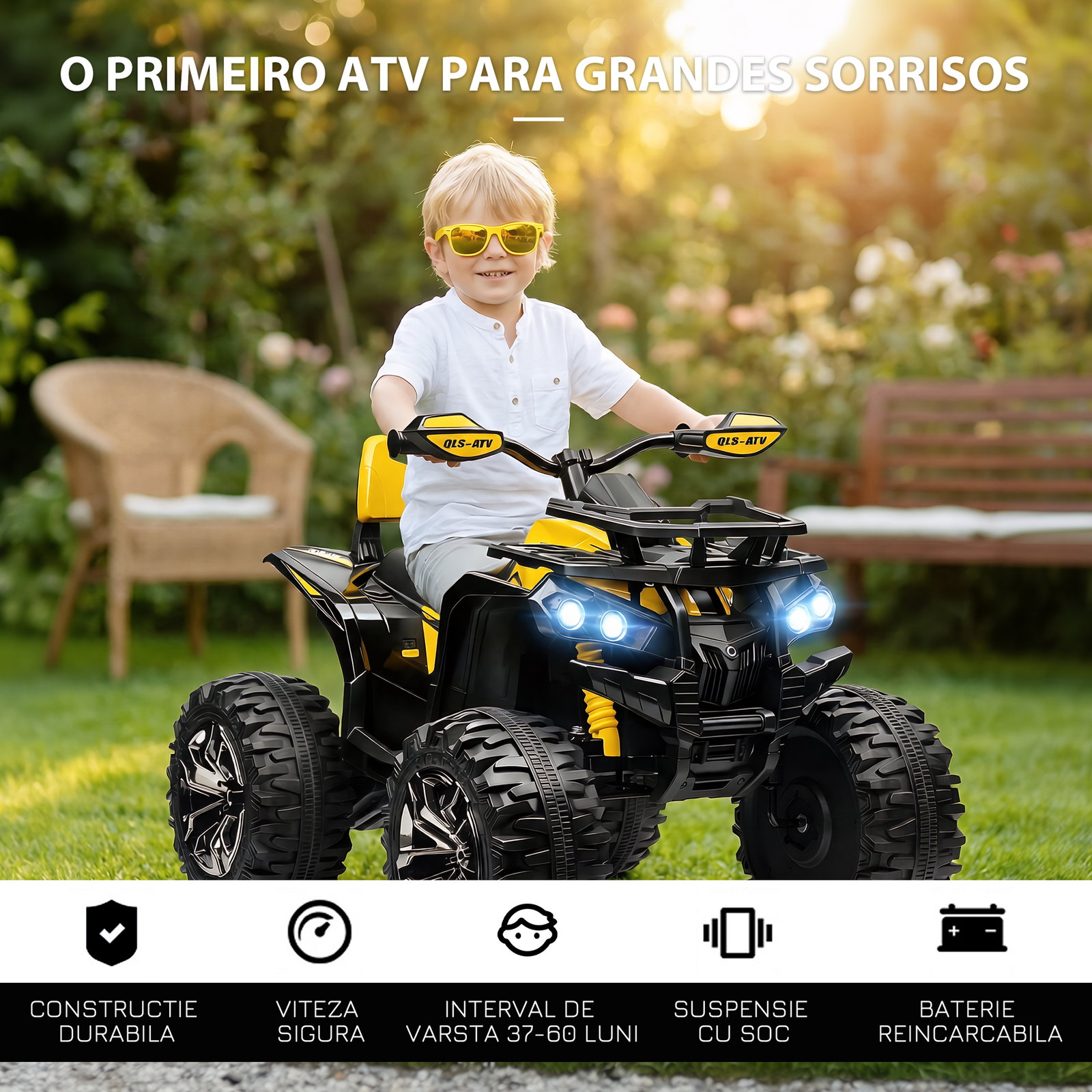 Quadriciclo Elétrico 12V com Farol Música Pneus Suspensão Botões Avance Retrocesso 3-5 Anos Amarelo 100x65x73cm