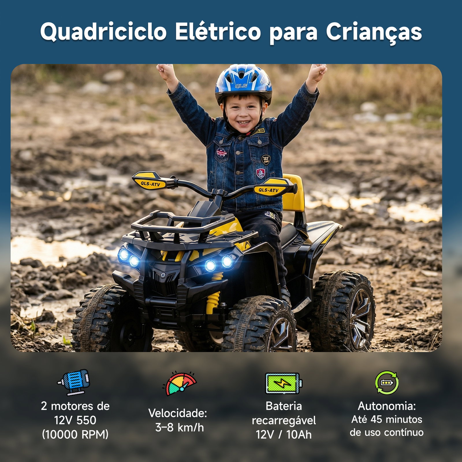 Quadriciclo Elétrico 12V com Farol Música Pneus Suspensão Botões Avance Retrocesso 3-5 Anos Amarelo 100x65x73cm
