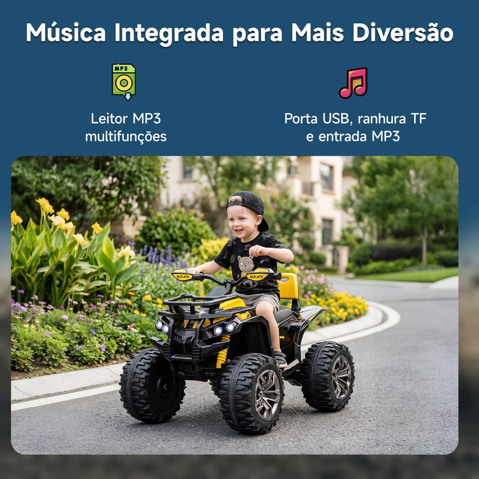 Quadriciclo Elétrico 12V com Farol Música Pneus Suspensão Botões Avance Retrocesso 3-5 Anos Amarelo 100x65x73cm