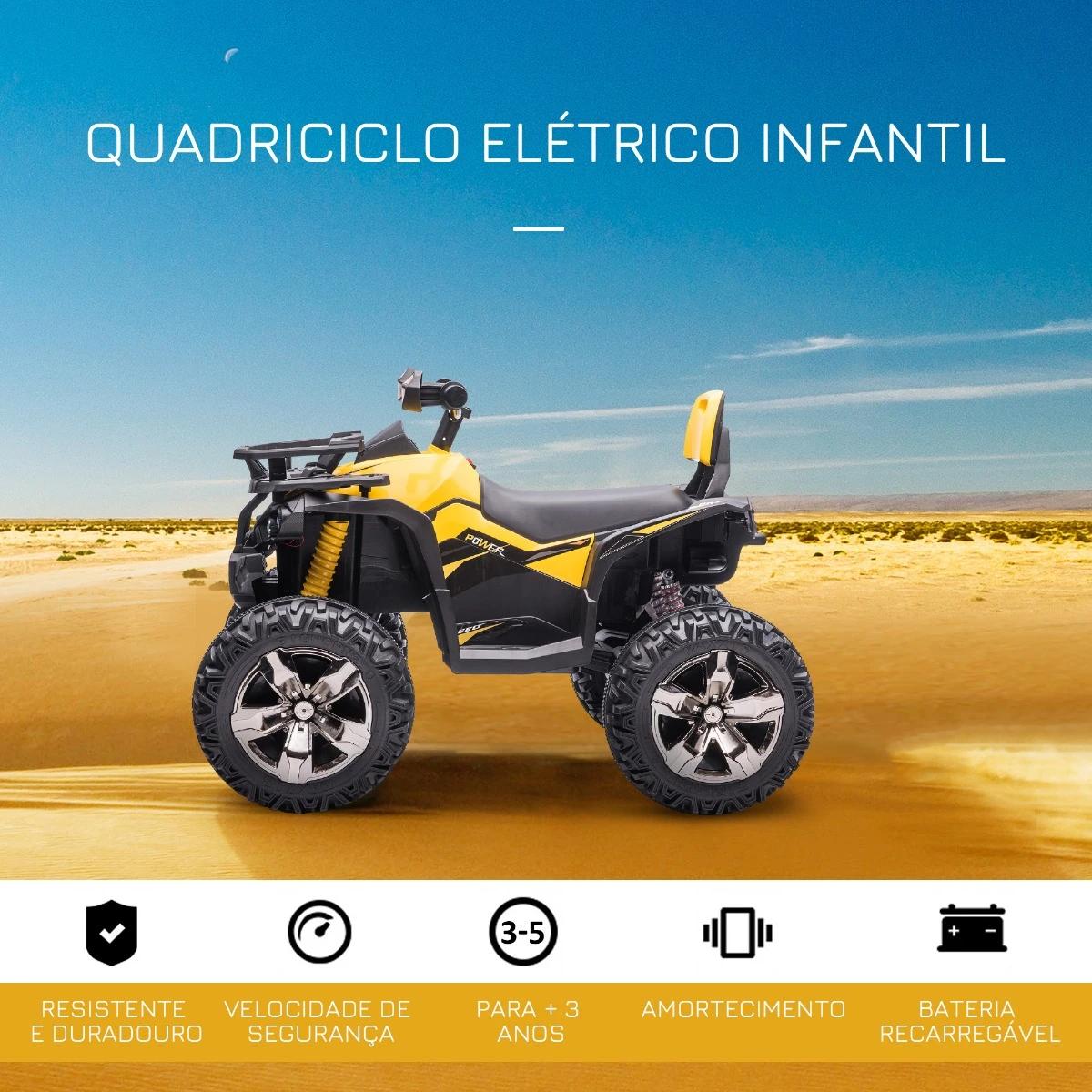 Quadriciclo Elétrico 12V com Farol Música Pneus Suspensão Botões Avance Retrocesso 3-5 Anos Amarelo 100x65x73cm