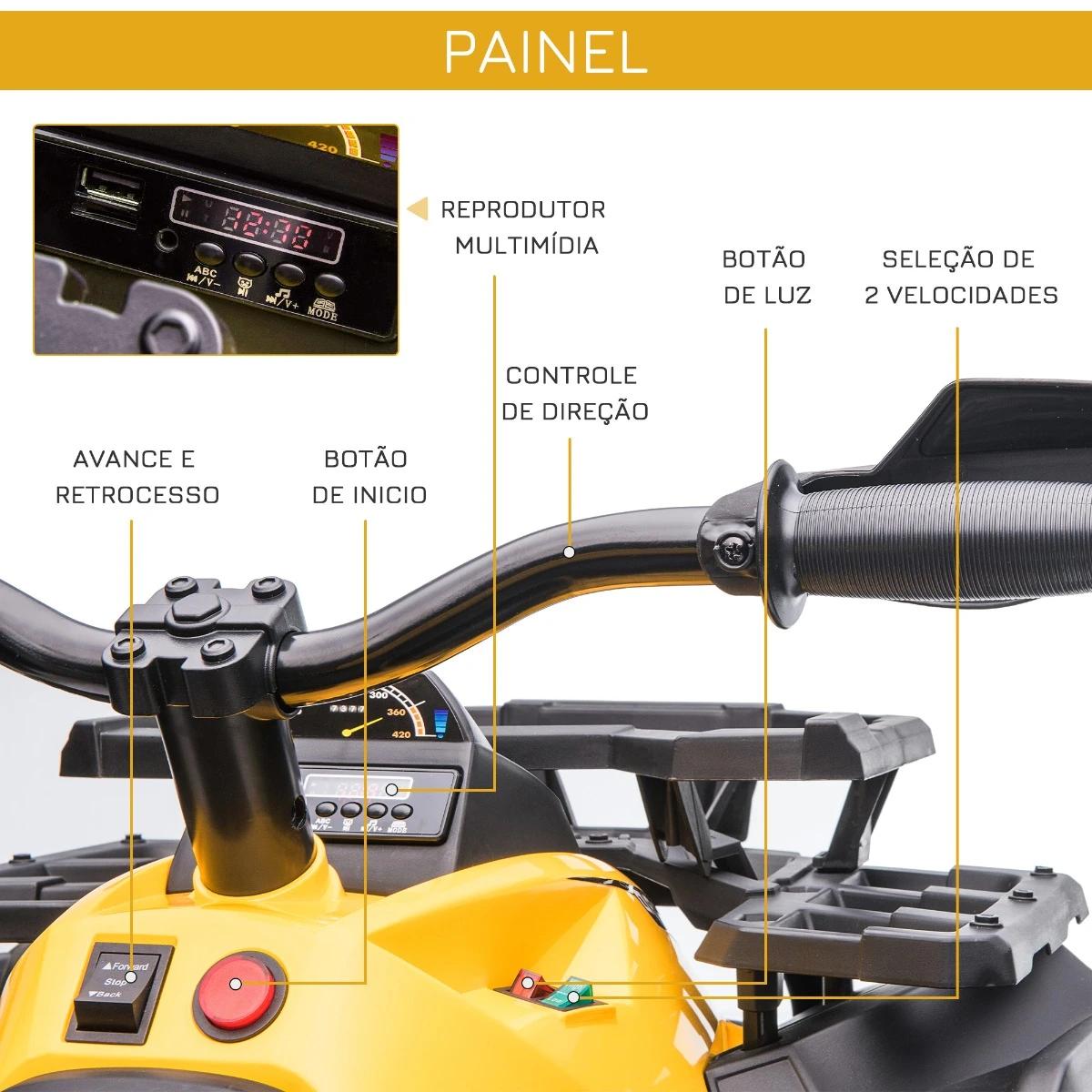 Quadriciclo Elétrico 12V com Farol Música Pneus Suspensão Botões Avance Retrocesso 3-5 Anos Amarelo 100x65x73cm