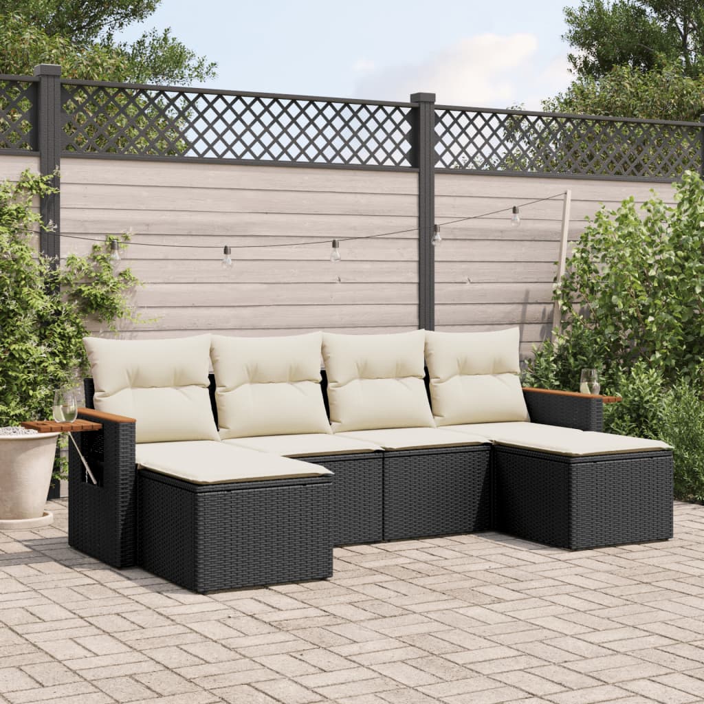 6 Pcs conjunto sofás de jardim c/ almofadões vime PE preto