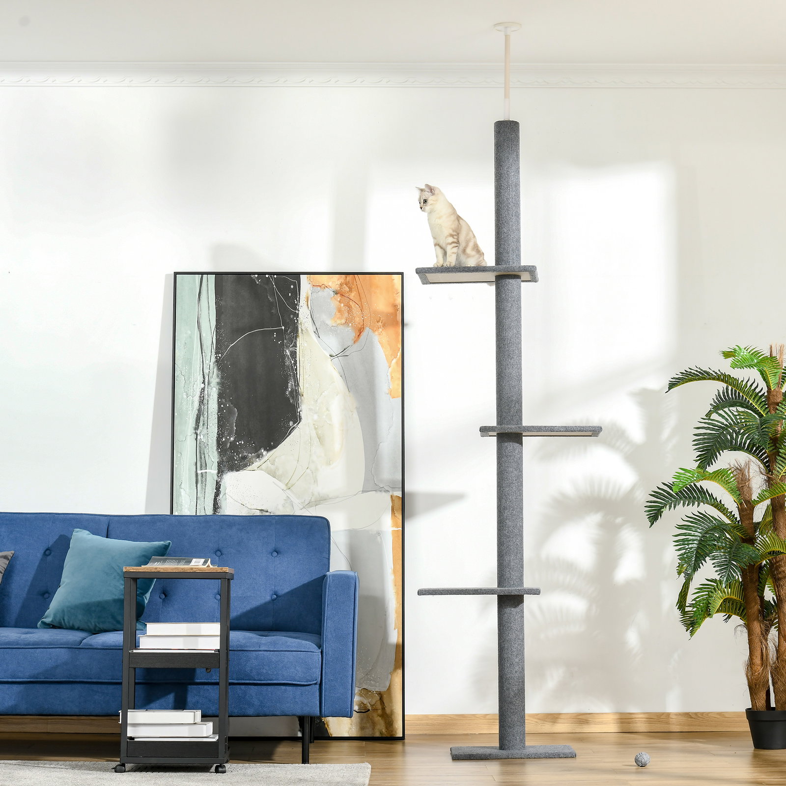 Arranhador para Gatos do Chão ao Teto com Altura Ajustável, 4 Plataformas e Poste 43x27x228-260 cm Cinzento