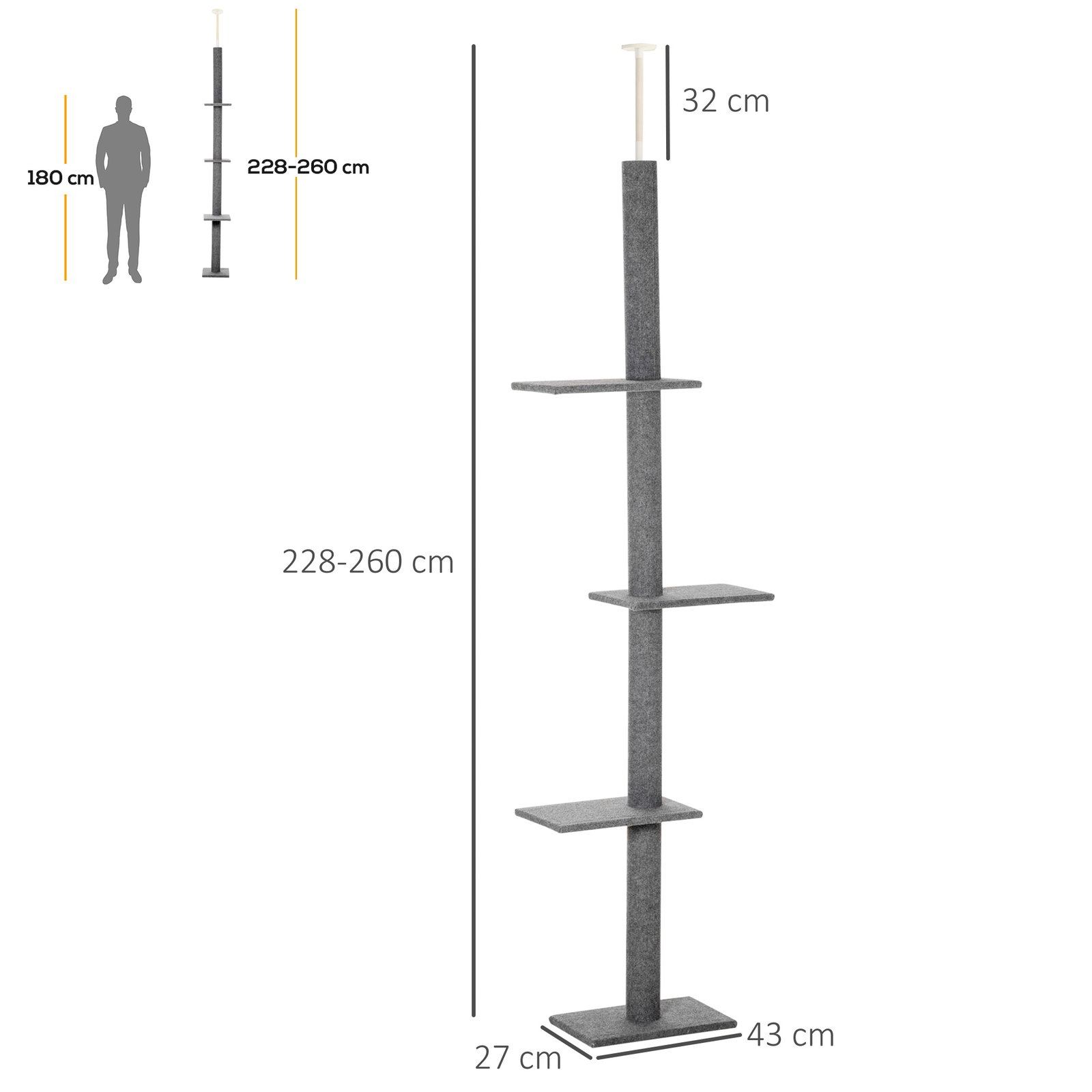 Arranhador para Gatos do Chão ao Teto com Altura Ajustável, 4 Plataformas e Poste 43x27x228-260 cm Cinzento