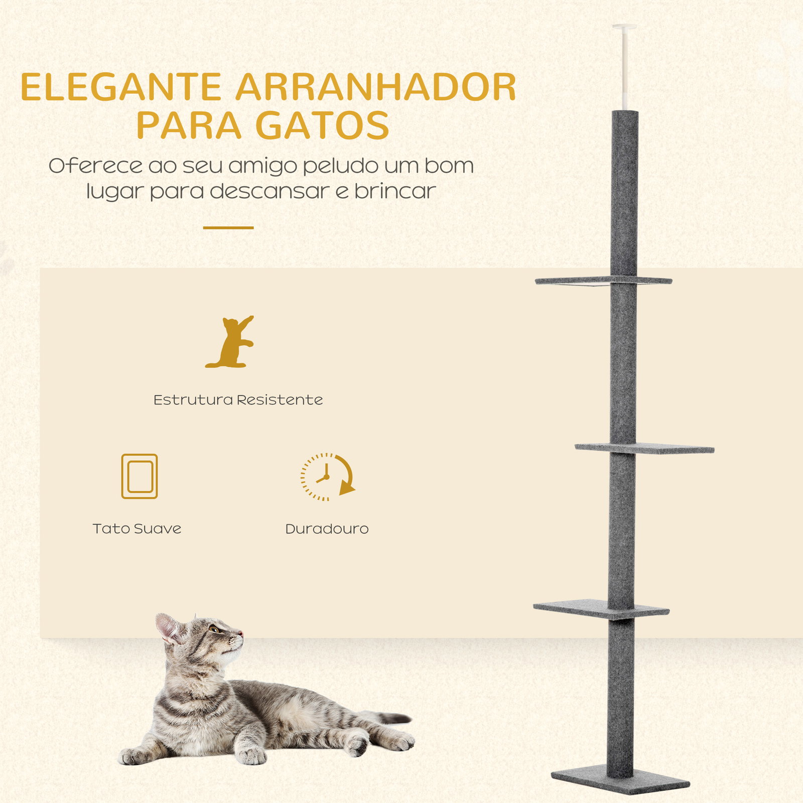 Arranhador para Gatos do Chão ao Teto com Altura Ajustável, 4 Plataformas e Poste 43x27x228-260 cm Cinzento