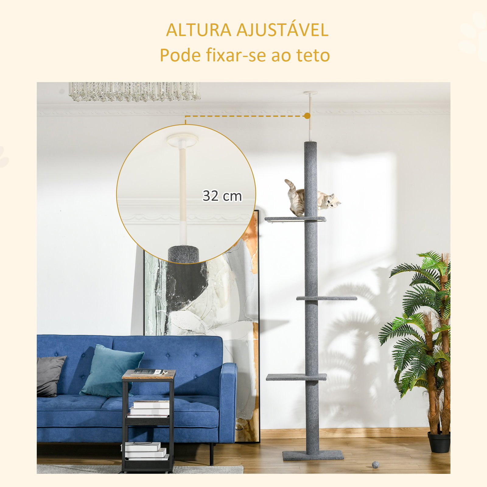 Arranhador para Gatos do Chão ao Teto com Altura Ajustável, 4 Plataformas e Poste 43x27x228-260 cm Cinzento