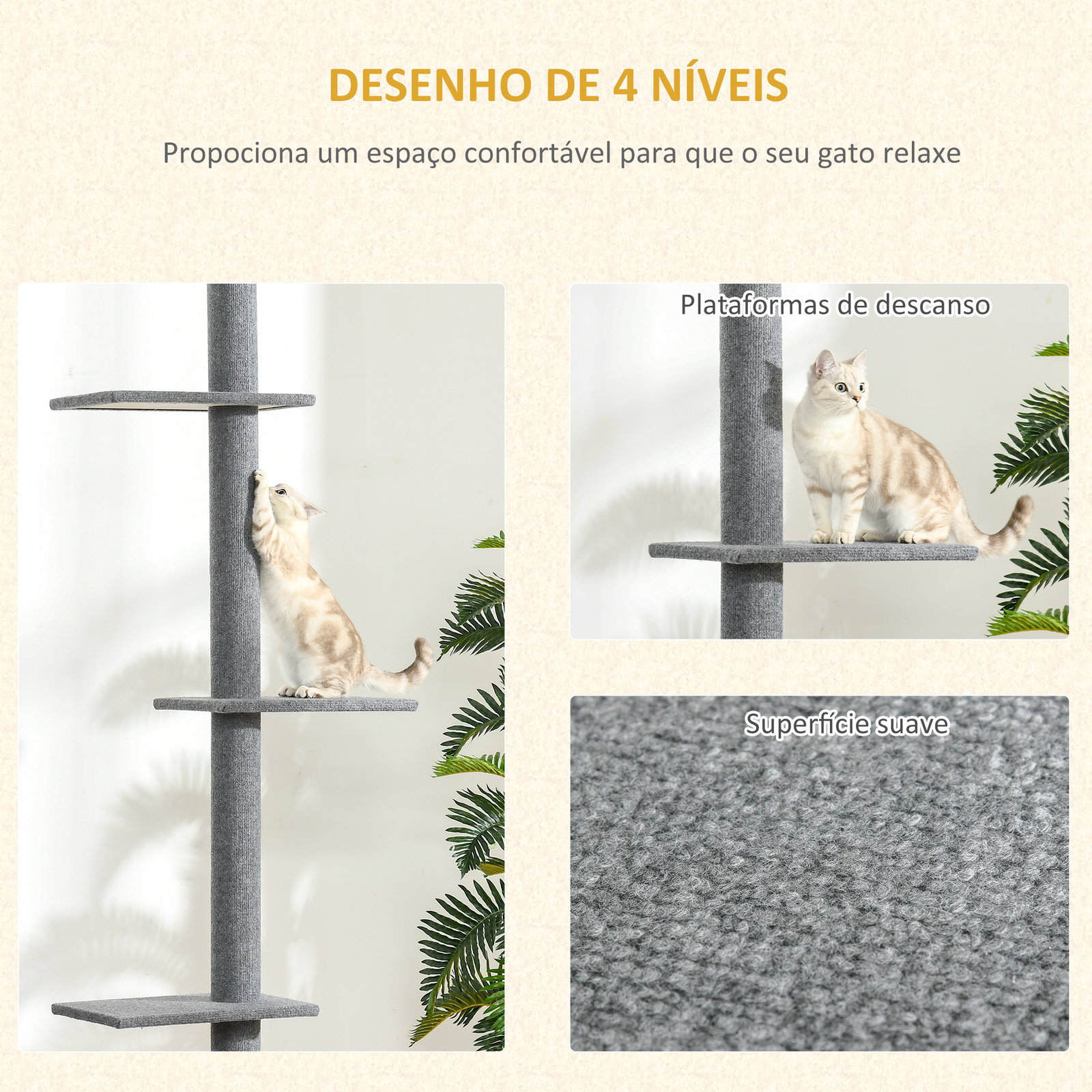 Arranhador para Gatos do Chão ao Teto com Altura Ajustável, 4 Plataformas e Poste 43x27x228-260 cm Cinzento