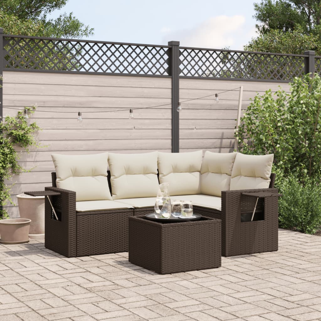 5 Pcs conjunto sofás p/ jardim c/ almofadões vime PE castanho
