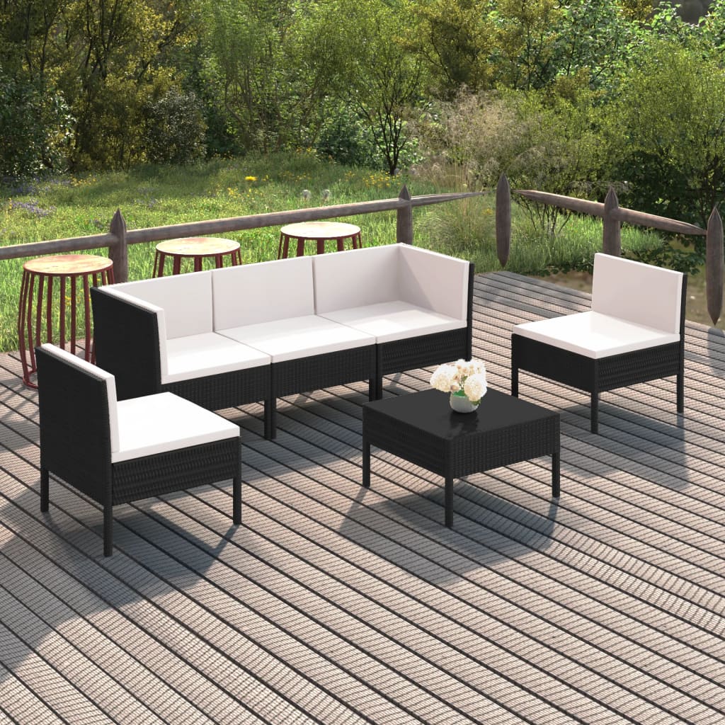 6 Pcs conjunto lounge de jardim c/ almofadões vime PE preto