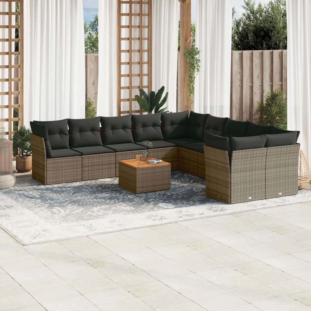 11 Pcs conjunto sofás de jardim c/ almofadões vime PE cinzento