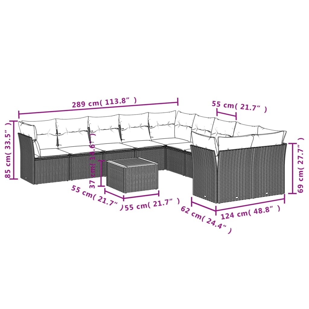 11 Pcs conjunto sofás de jardim c/ almofadões vime PE cinzento