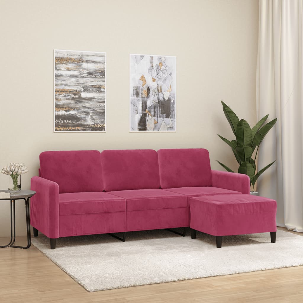 Sofá de 3 lugares com apoio de pés 180 cm veludo vermelho tinto