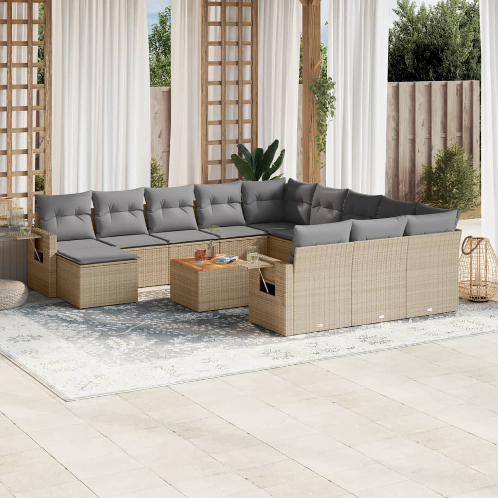 13 Pcs conjunto de sofás p/ jardim com almofadões vime PE bege
