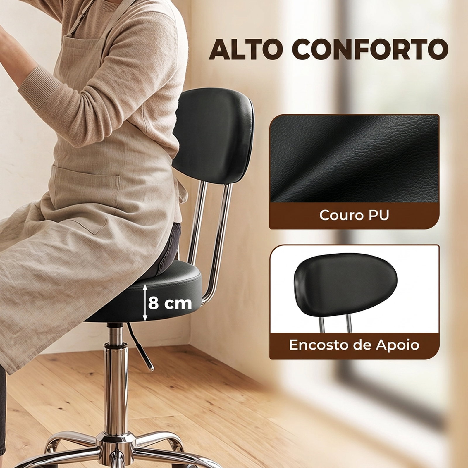Banco com rodas giratório em couro sintético com encosto e altura ajustável para spa, escritório e tatuagens preto