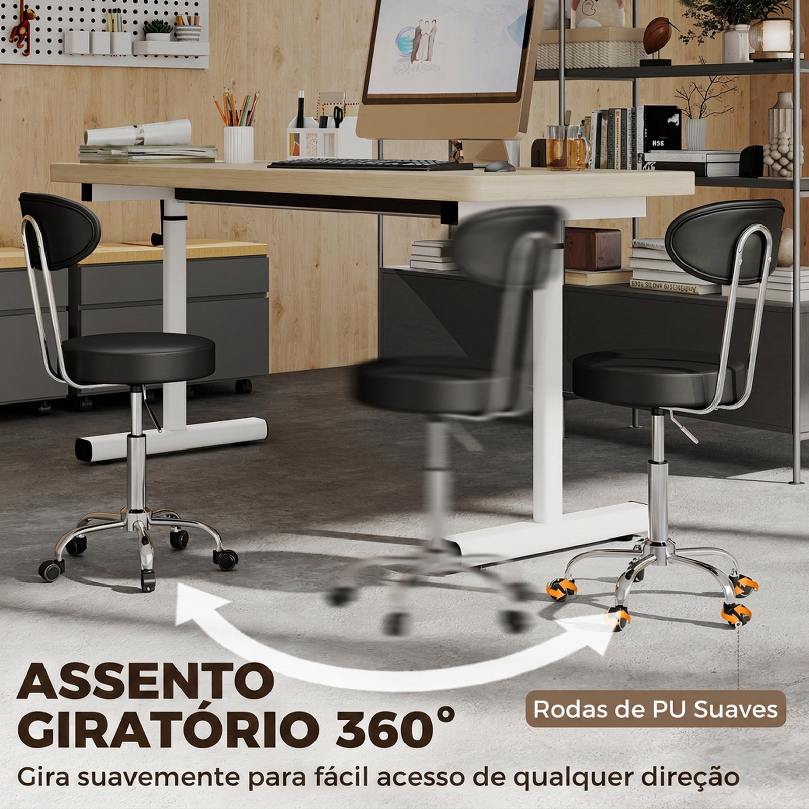 Banco com rodas giratório em couro sintético com encosto e altura ajustável para spa, escritório e tatuagens preto