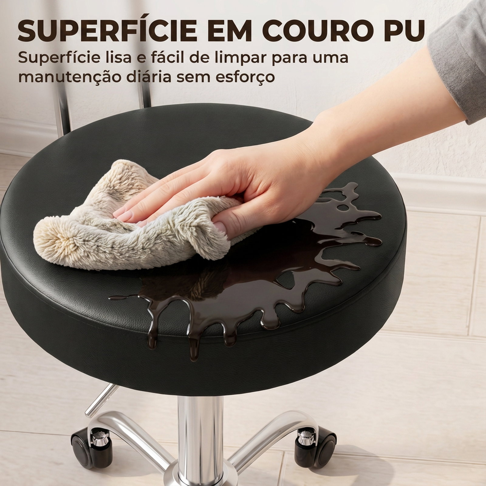 Banco com rodas giratório em couro sintético com encosto e altura ajustável para spa, escritório e tatuagens preto