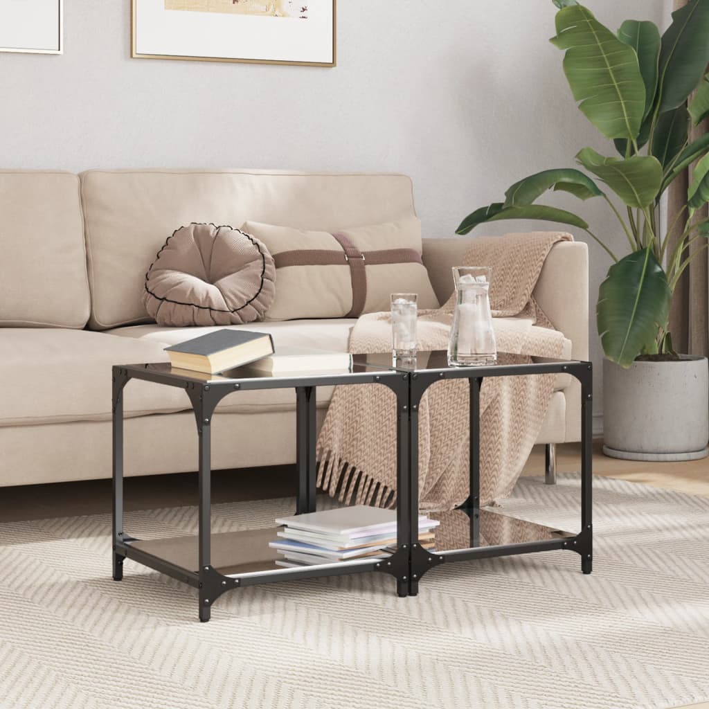 Mesas de centro c/ topo em vidro preto 2 pcs 40x40x40 cm aço