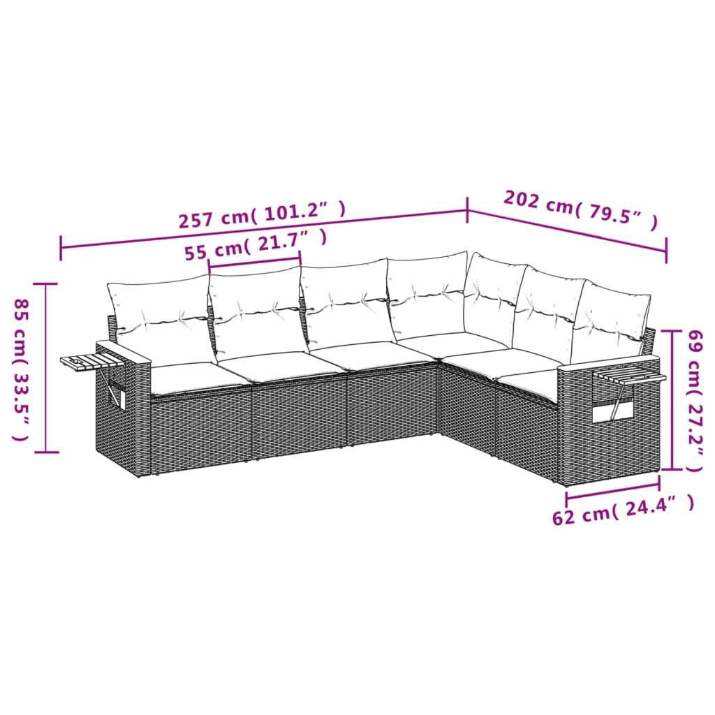 6 Pcs conjunto sofás de jardim com almofadões vime cinzento