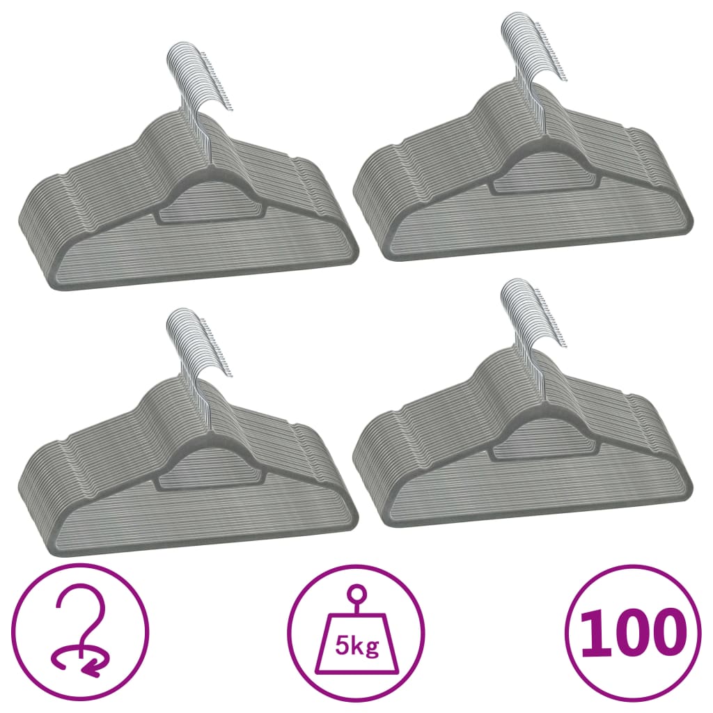 100 Pcs conjunto de cabides antiderrapantes veludo cinzento