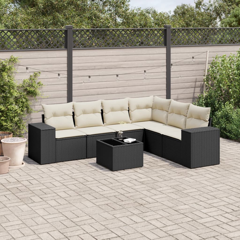 7 Pcs conjunto de sofás p/ jardim c/ almofadões vime PE preto