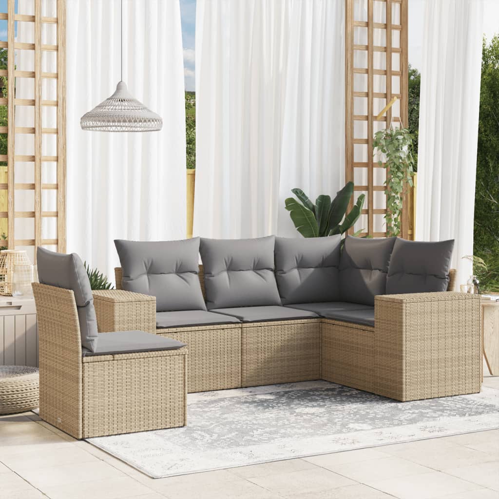 5 Pcs conjunto de sofás p/ jardim com almofadões vime PE bege