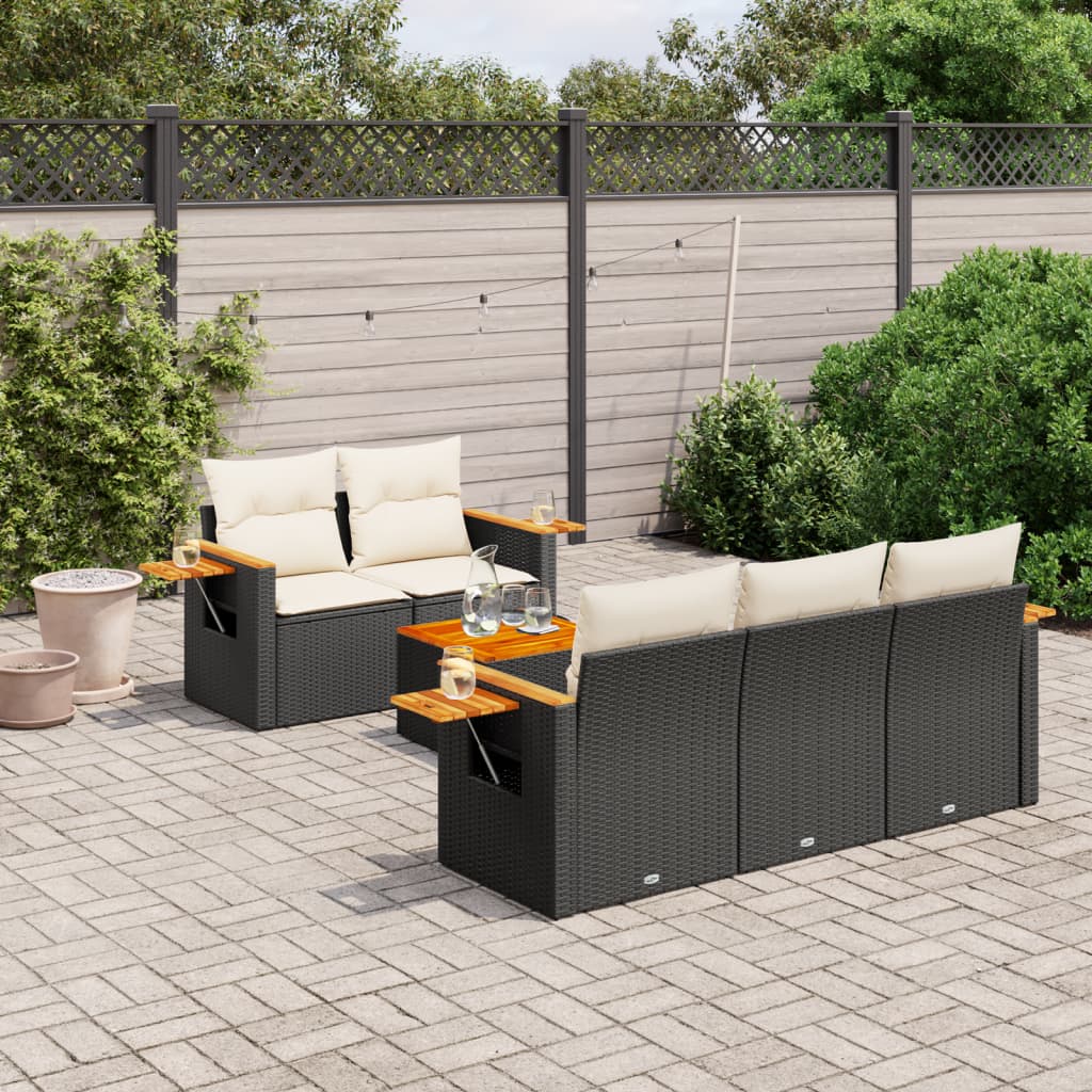 6 Pcs conjunto sofás de jardim c/ almofadões vime PE preto