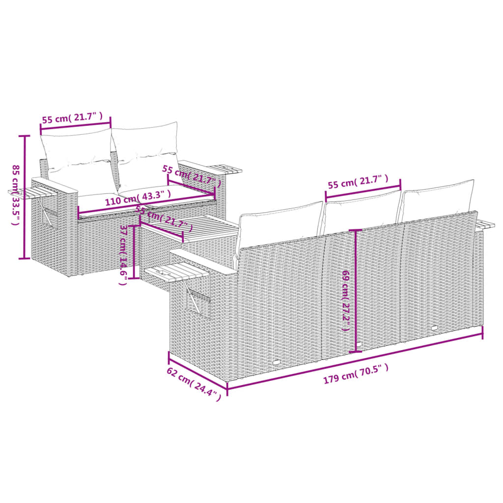6 Pcs conjunto sofás de jardim c/ almofadões vime PE preto