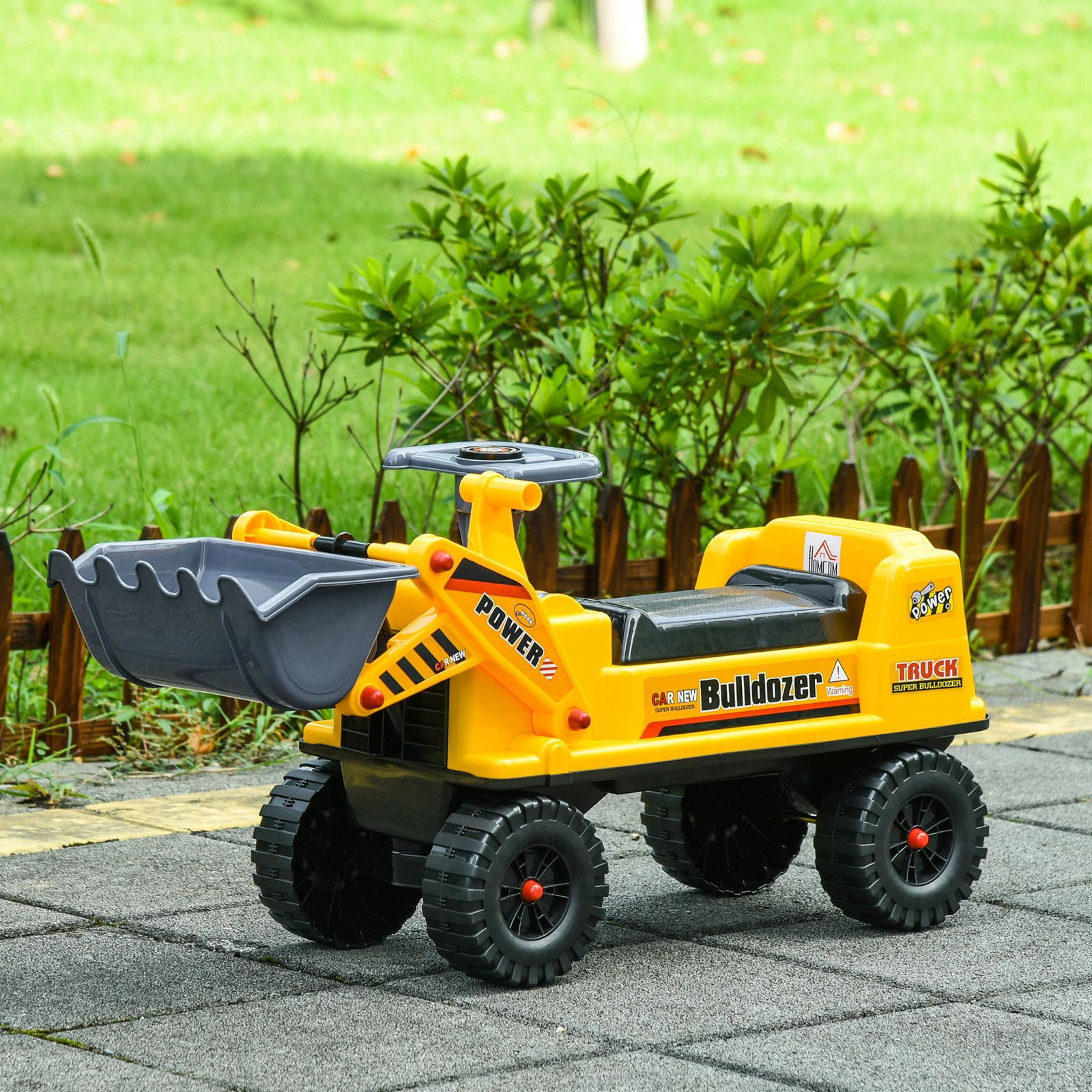 Trator sem pedais para crianças de 2-3 anos com pá escavadora espaço de armazenamento oculto volante e buzina 70x26x37cm amarelo