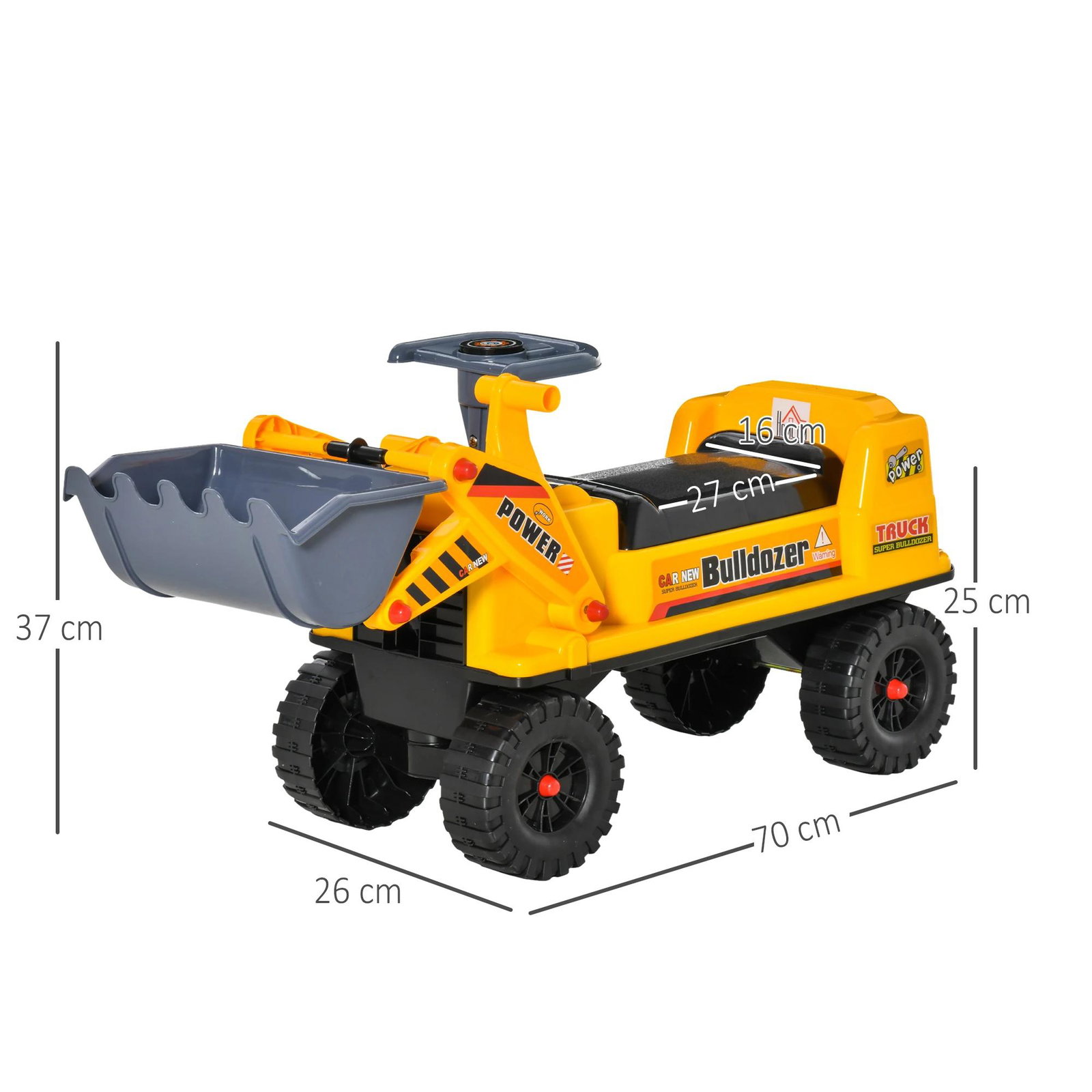 Trator sem pedais para crianças de 2-3 anos com pá escavadora espaço de armazenamento oculto volante e buzina 70x26x37cm amarelo