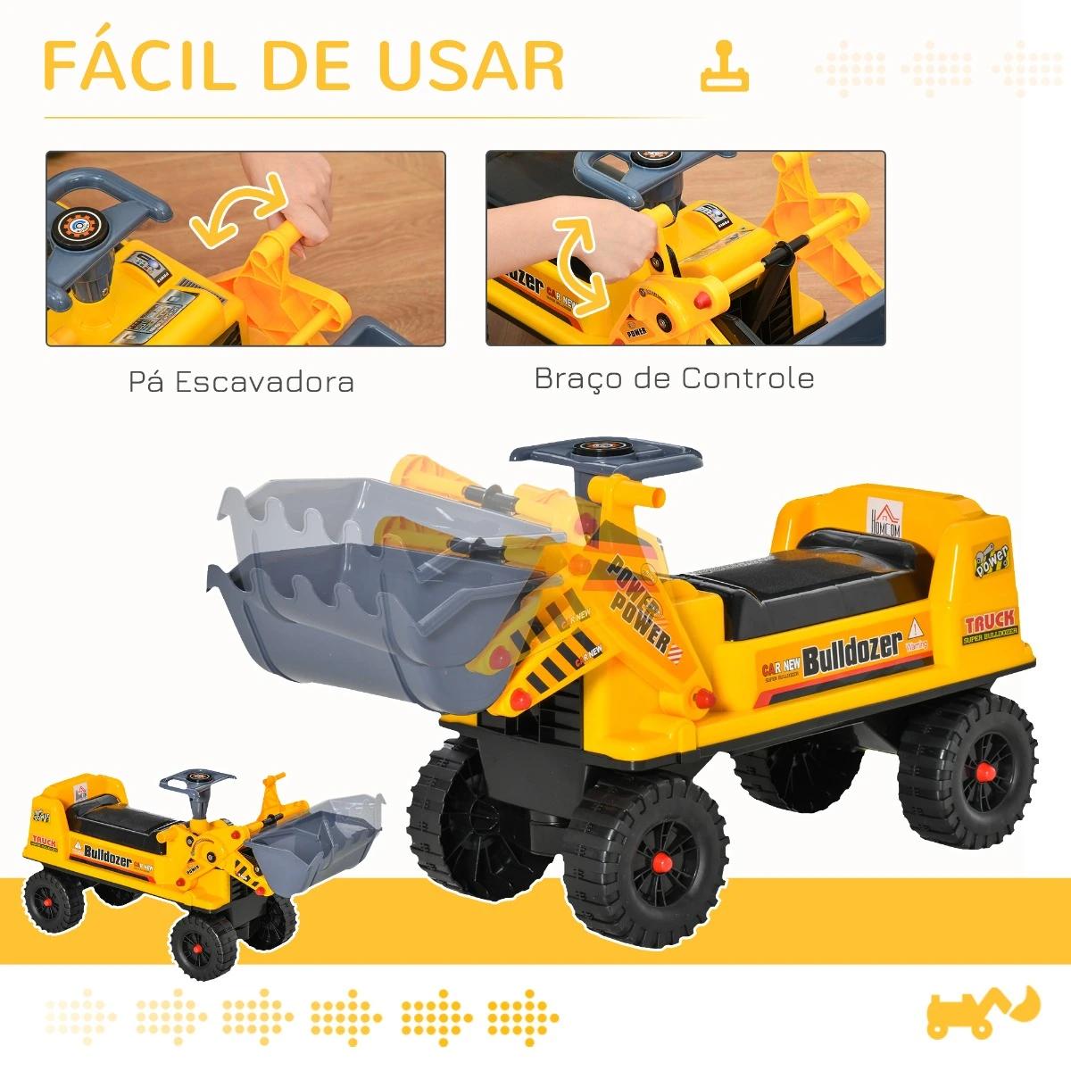 Trator sem pedais para crianças de 2-3 anos com pá escavadora espaço de armazenamento oculto volante e buzina 70x26x37cm amarelo
