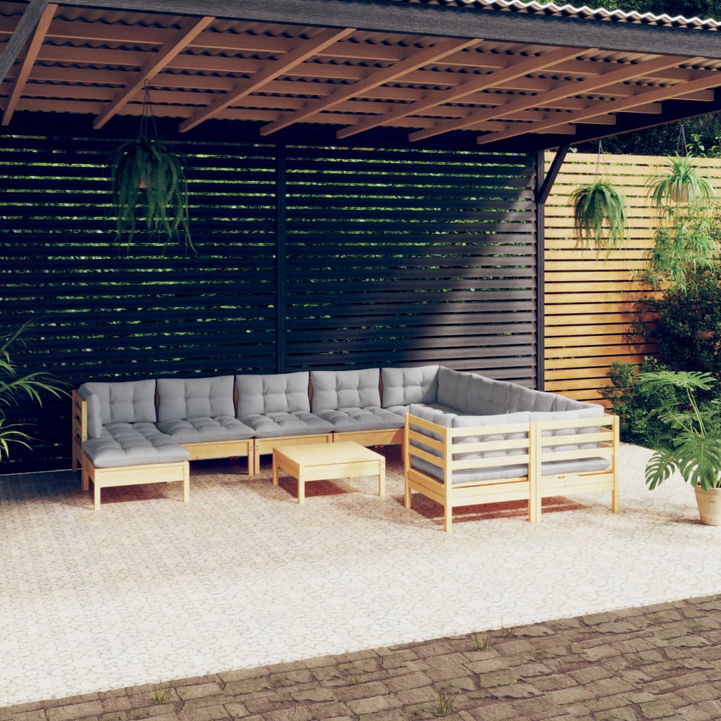 11 Pcs conjunto lounge de jardim c/ almofadões cinza pinho