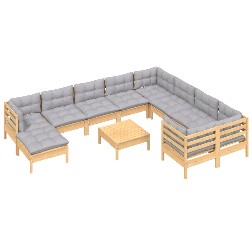 11 Pcs conjunto lounge de jardim c/ almofadões cinza pinho