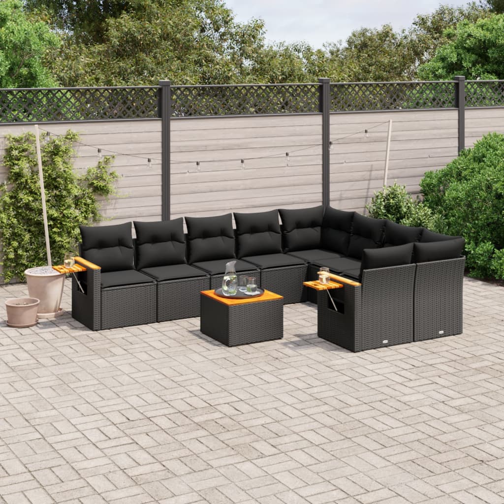 10 Pcs conjunto sofás de jardim c/ almofadões vime PE preto