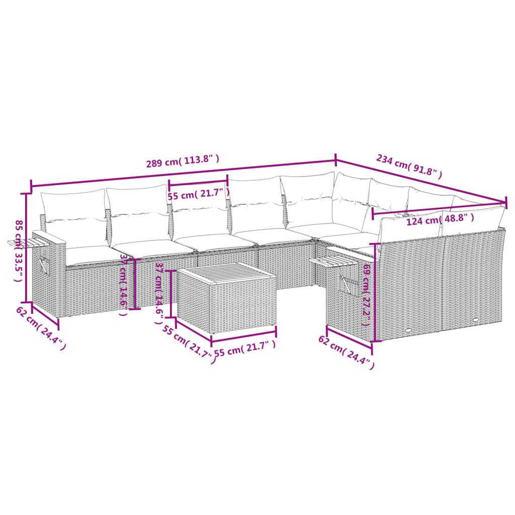 10 Pcs conjunto sofás de jardim c/ almofadões vime PE preto