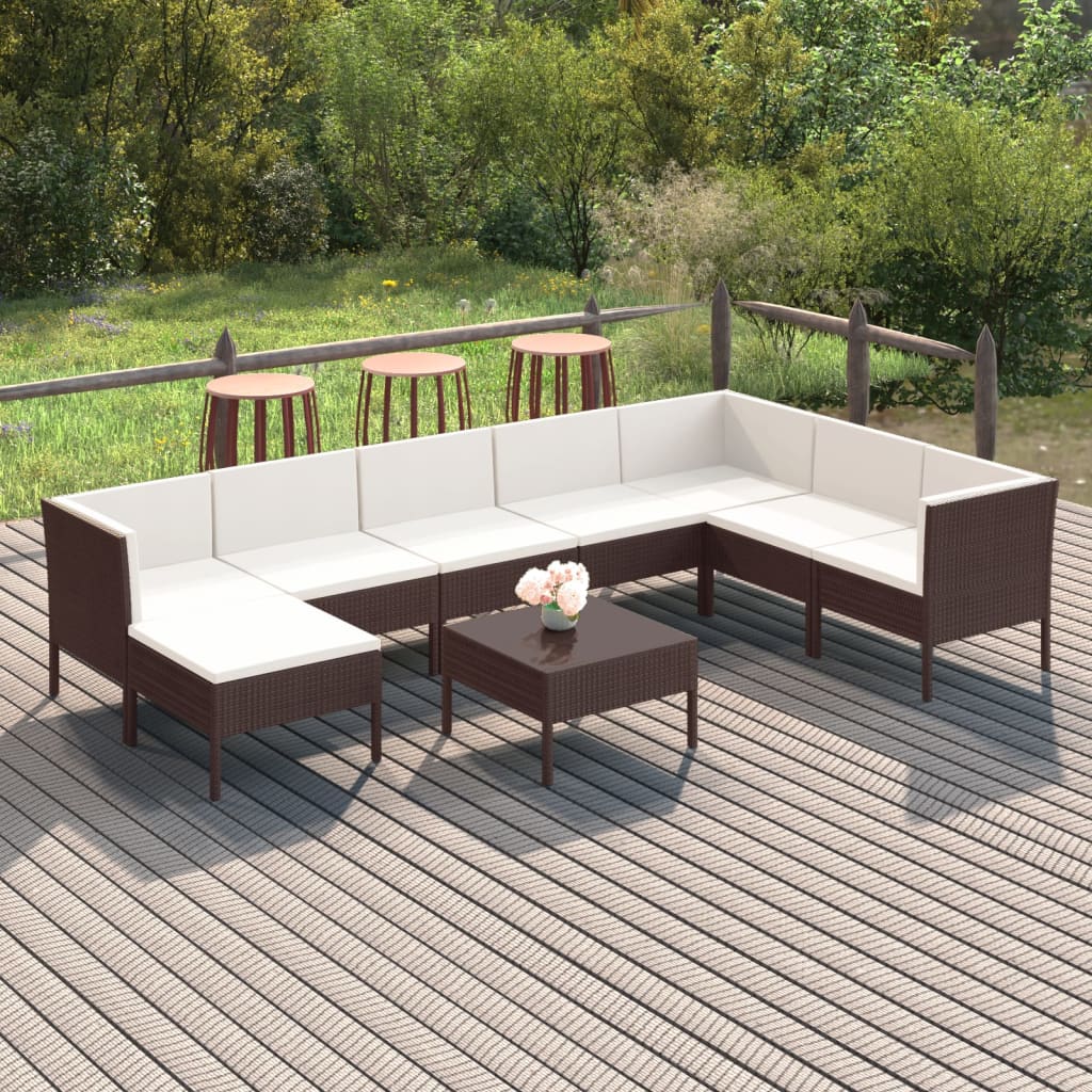 9 Pcs conjunto lounge jardim c/ almofadões vime PE castanho