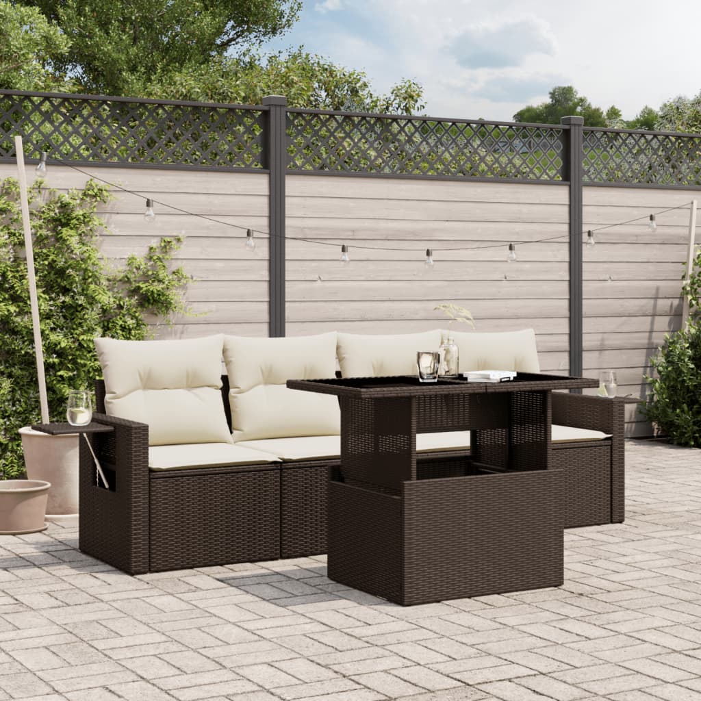 5 Pcs conjunto sofás p/ jardim c/ almofadões vime PE castanho