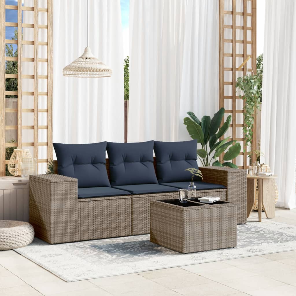 Conjunto de sofá de jardim com 4 peças e almofadas em rattan sintético cinza