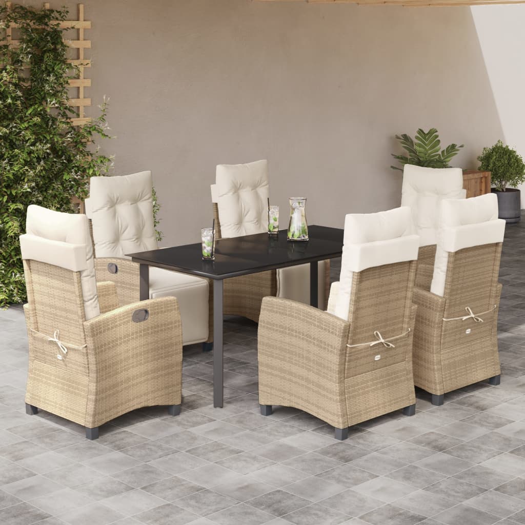 7 Pcs conjunto de jantar p/ jardim com almofadões vime PE bege