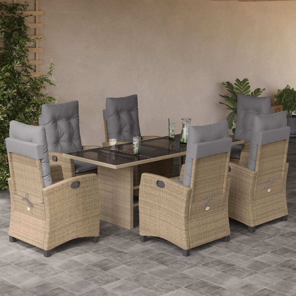 7 Pcs conj. jantar jardim c/ almofadões vime PE bege misturado