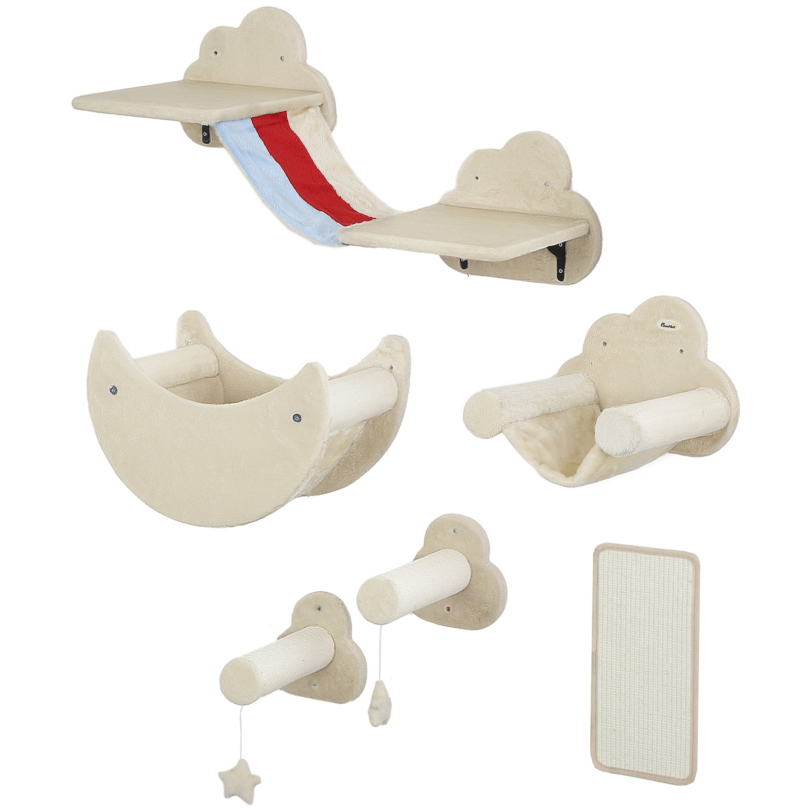 Conjunto de prateleiras de escalada para gatos de 6 peças com rede plataformas escadas tábua de arranhar e poste de sisal bege
