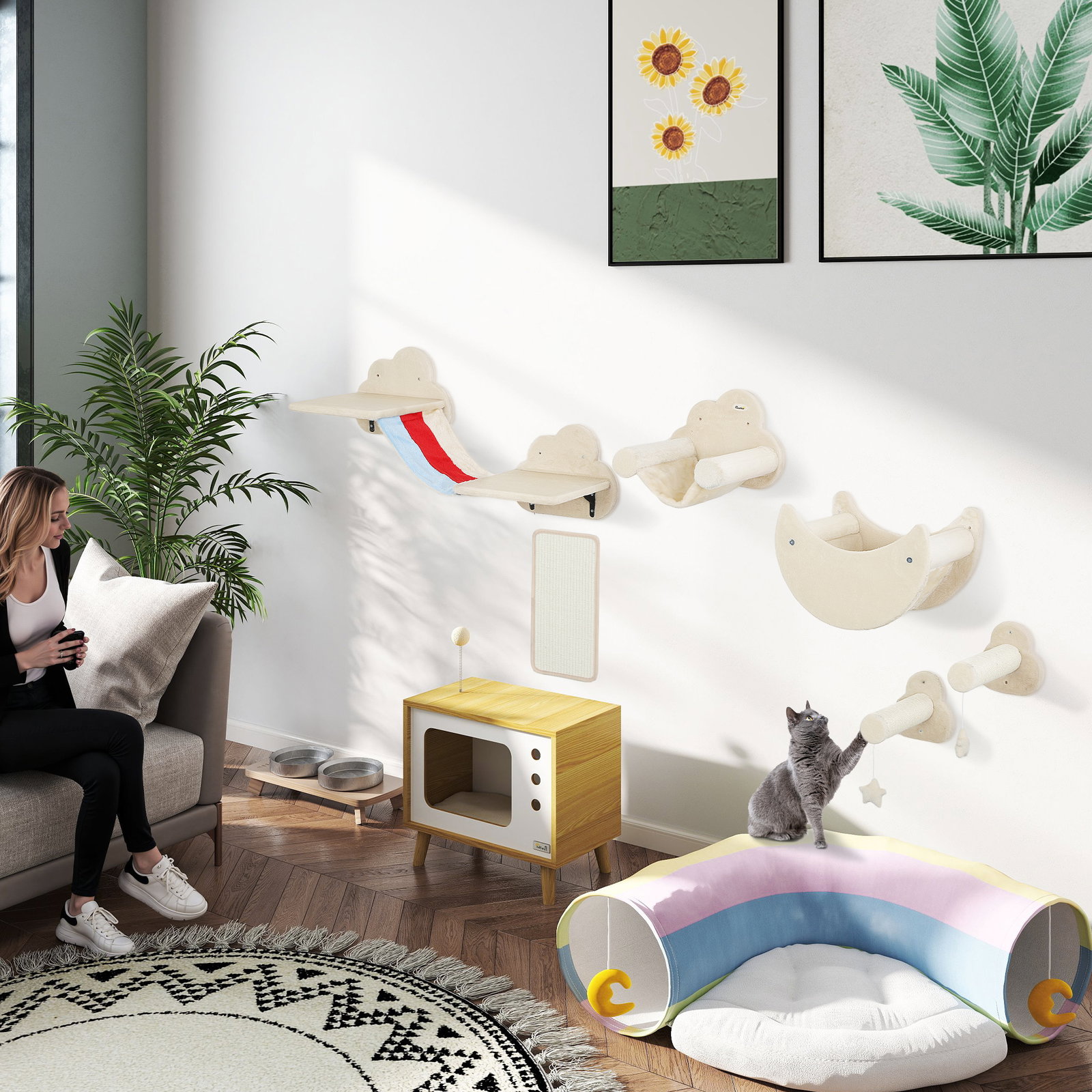 Conjunto de prateleiras de escalada para gatos de 6 peças com rede plataformas escadas tábua de arranhar e poste de sisal bege