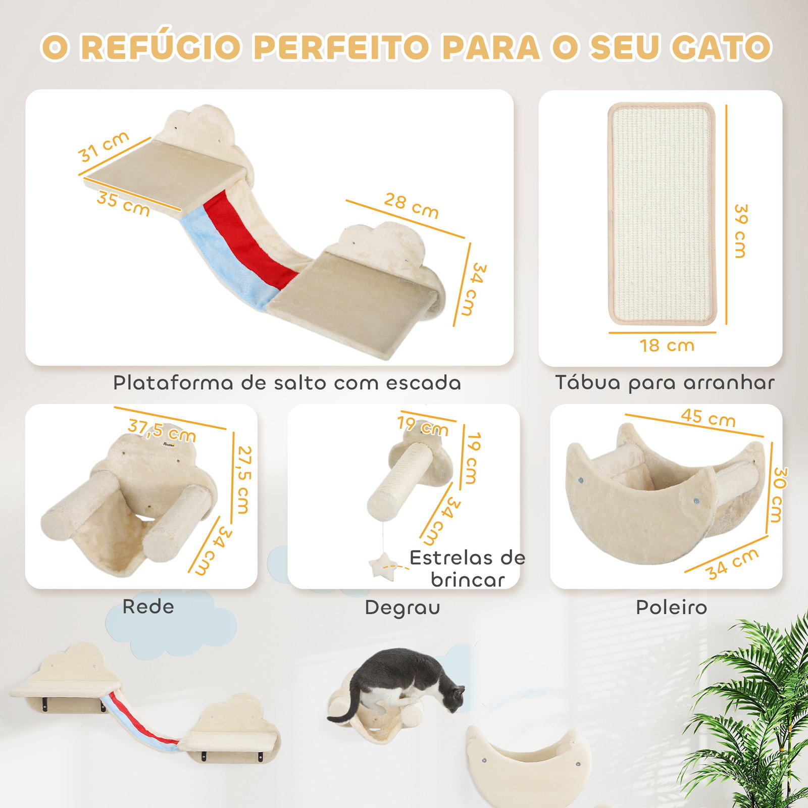 Conjunto de prateleiras de escalada para gatos de 6 peças com rede plataformas escadas tábua de arranhar e poste de sisal bege