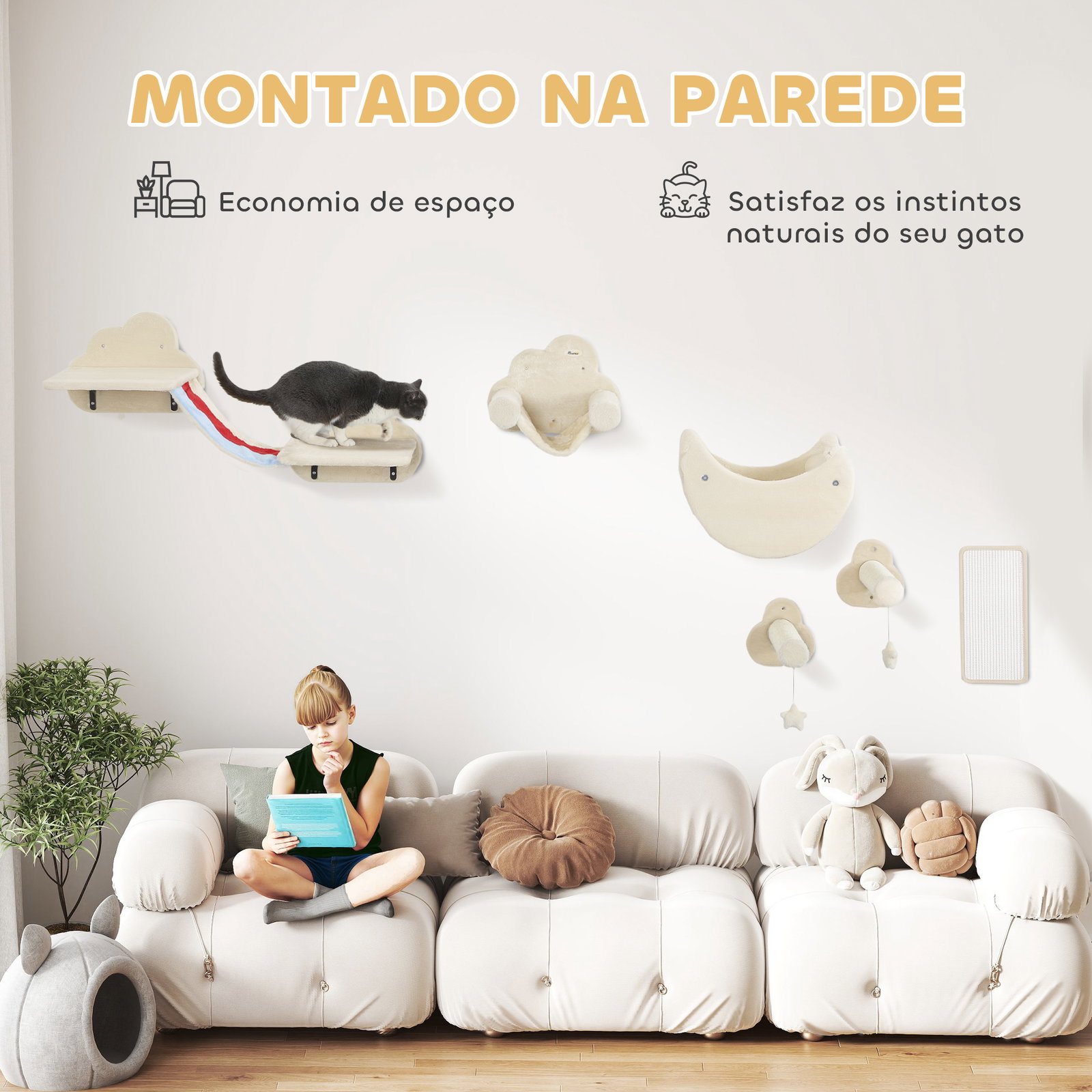 Conjunto de prateleiras de escalada para gatos de 6 peças com rede plataformas escadas tábua de arranhar e poste de sisal bege