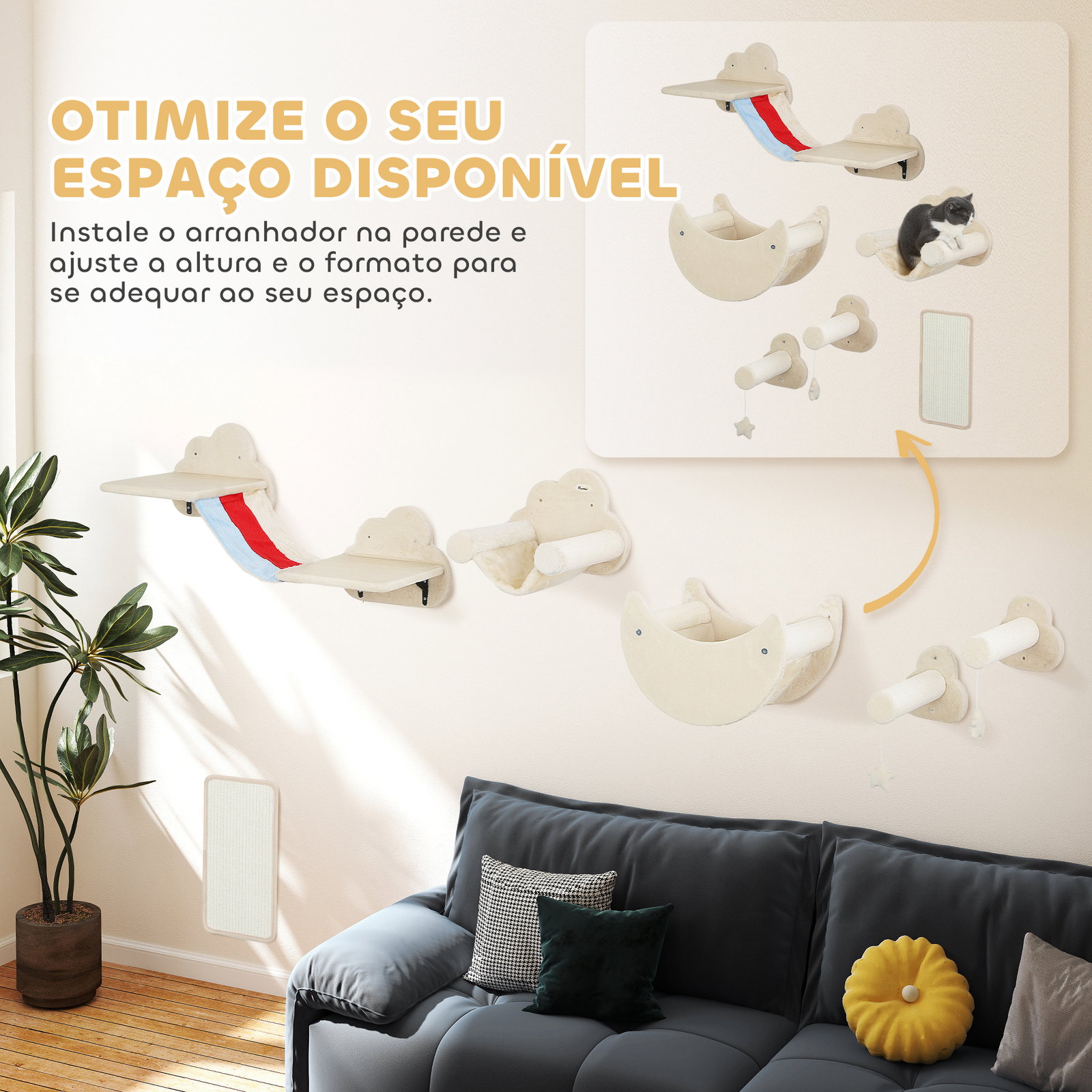Conjunto de prateleiras de escalada para gatos de 6 peças com rede plataformas escadas tábua de arranhar e poste de sisal bege