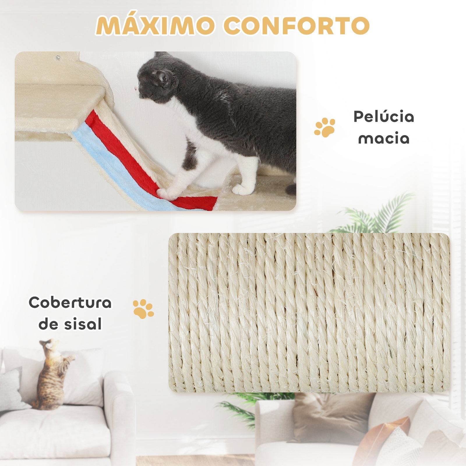 Conjunto de prateleiras de escalada para gatos de 6 peças com rede plataformas escadas tábua de arranhar e poste de sisal bege