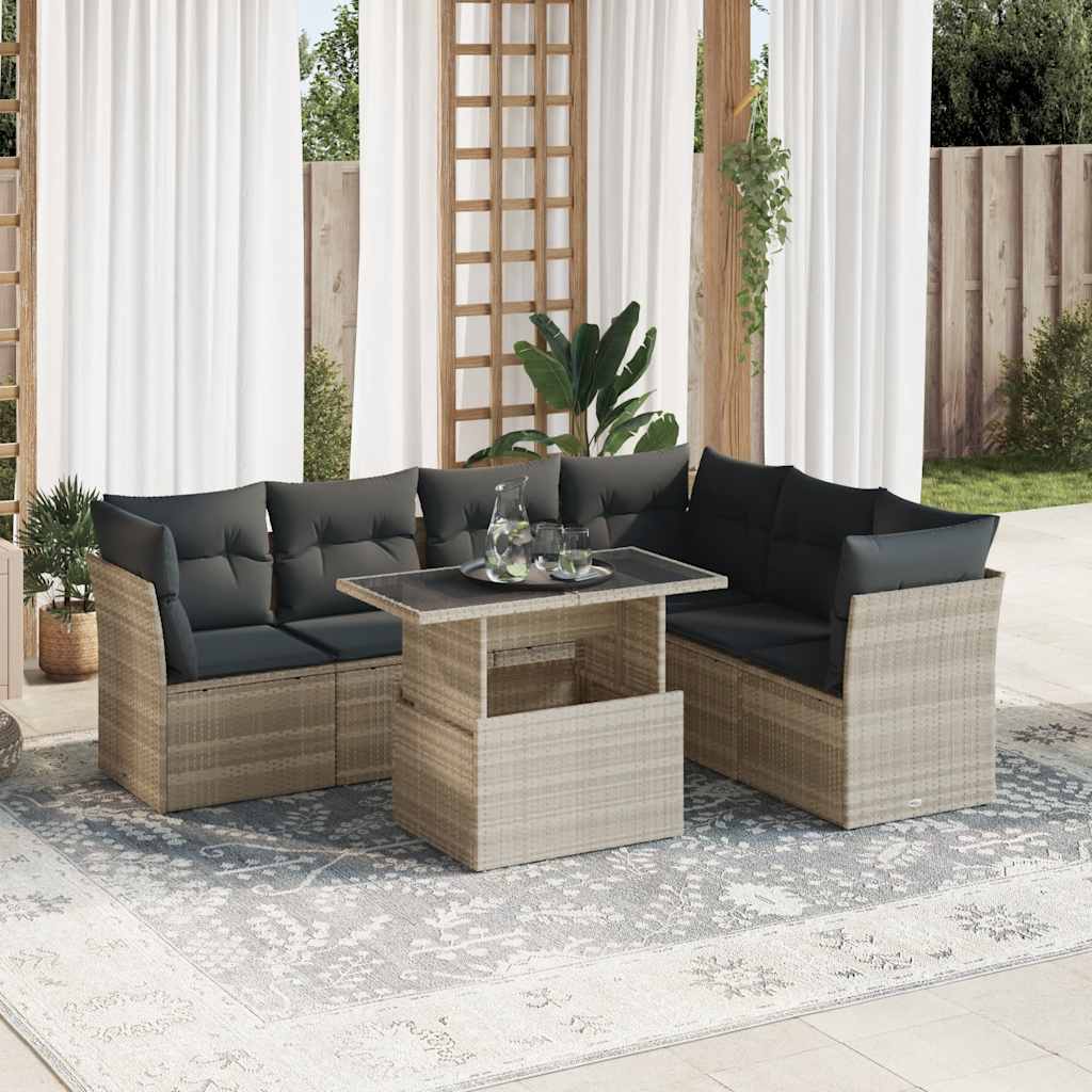 7 Pcs conj. sofás jardim com almofadões vime PE cinzento-claro